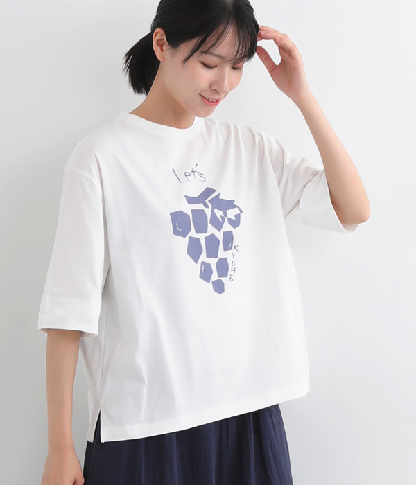 天竺フルーツプリントTシャツ(A・オフホワイト巨峰柄)