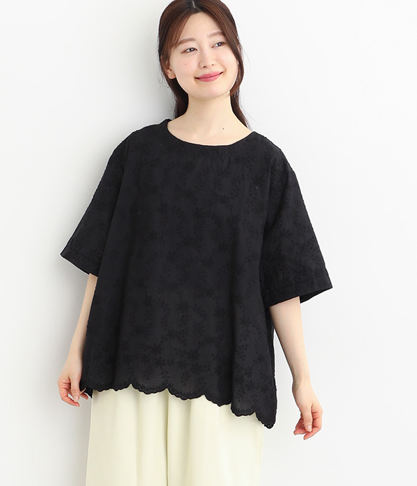 コットン レースプルオーバー リーフ刺繍(C・ブラック)