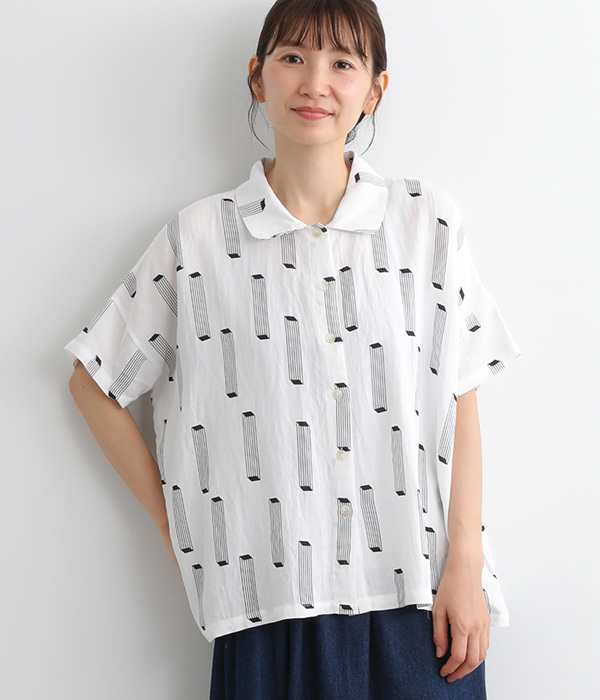 幾何学柄襟付きワイドシャツ(A・ホワイト)