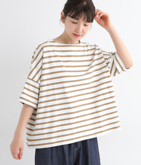 ライトヘビー天竺 変形袖ワイドTシャツ(A・ブラウンボーダー)