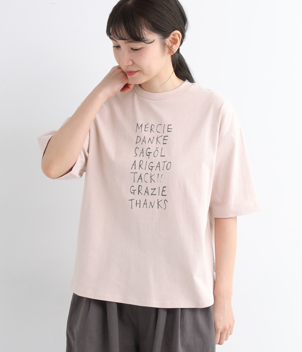 リサイクルコットン天竺 あいさつロゴプリントTシャツ(B・ピンク)