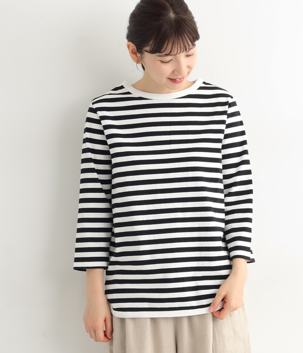 天竺七分袖Tシャツ(ホワイト×ブラック)