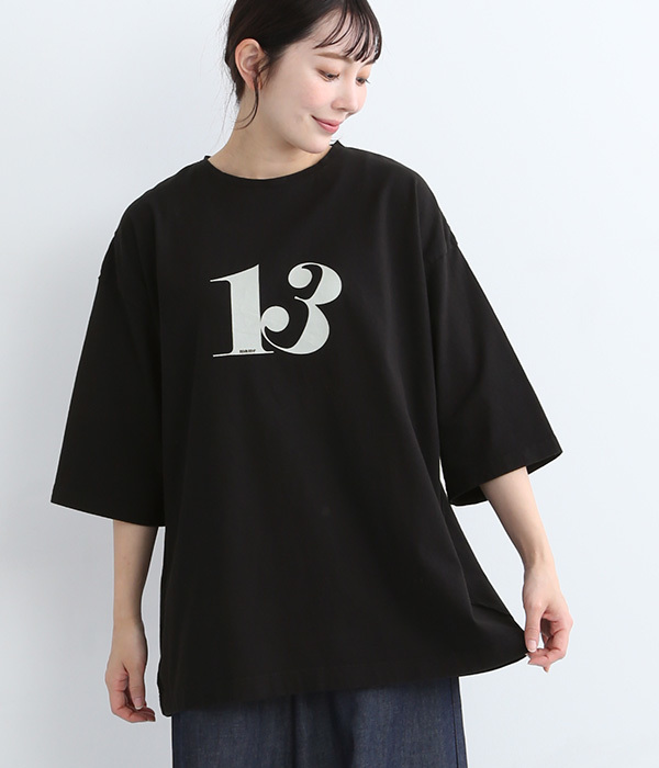 天竺　13プリントクルーネックワイドTシャツ(C・ブラック)