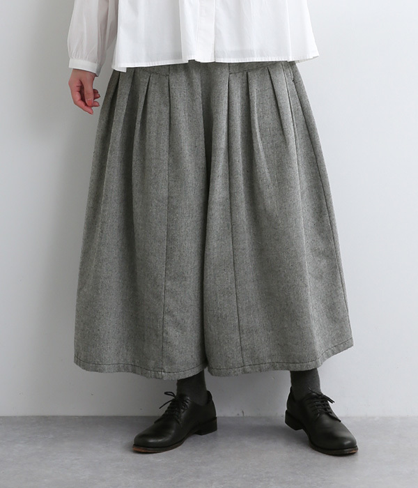コットン混ヘリンボーン　タックワイドパンツ(C・ブラック)