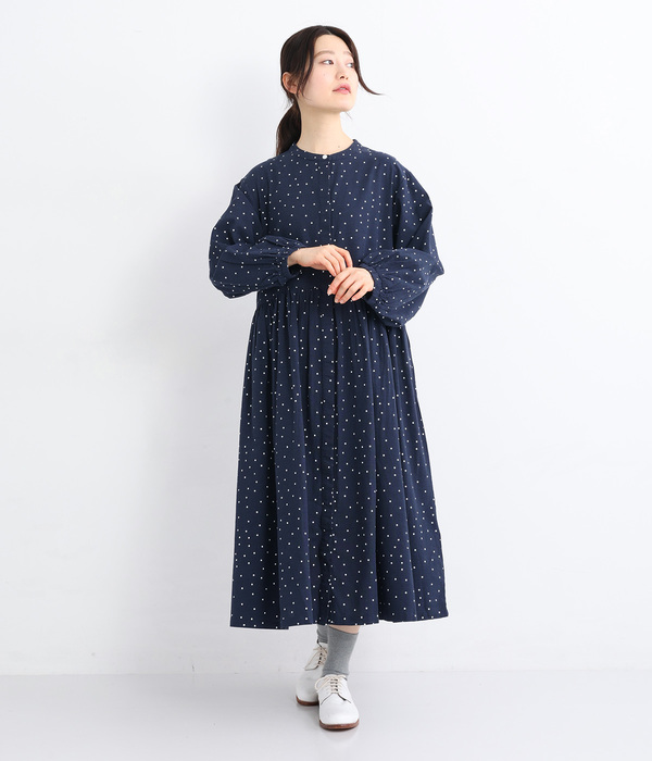 レーヨンコットン　ドットプリントワンピース(B・ネイビー)