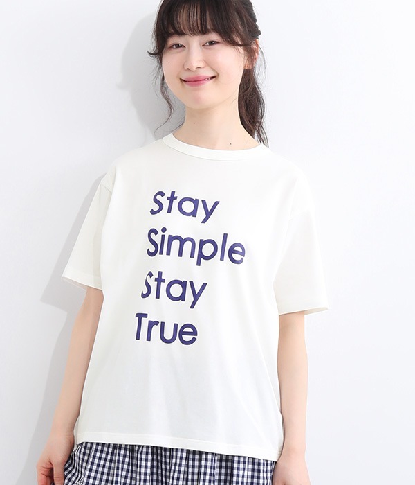 コーマ天竺ソフト仕上げ プリントTシャツ(Stay Simple.)(B・オフホワイト×ブルー)