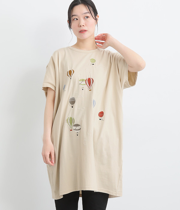 コットンさらさら天竺気球刺繍ドルマンチュニック(A・アイボリー)