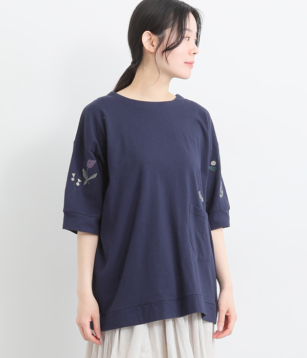 コットンさらさら天竺2way花刺繍カーディガン(C・ネイビー)