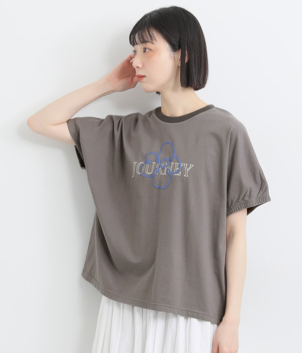 コットンさらさら天竺花とロゴのプリントドルマンＴシャツ(B・チャコールグレー)