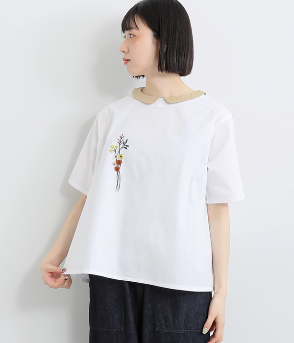 コットンシャンブレー花刺繍ブラウス(A・ホワイト)