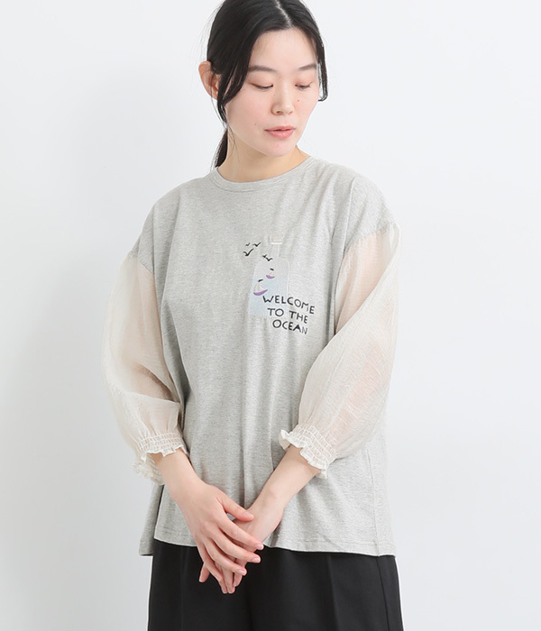 コットンボトル刺繍袖ギャザーＴシャツ(A・杢グレー)