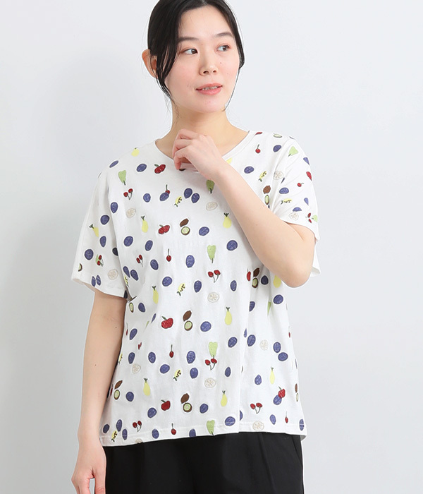 コットンリネン天竺フルーツ刺繍ドルマンＴシャツ(A・ホワイト)