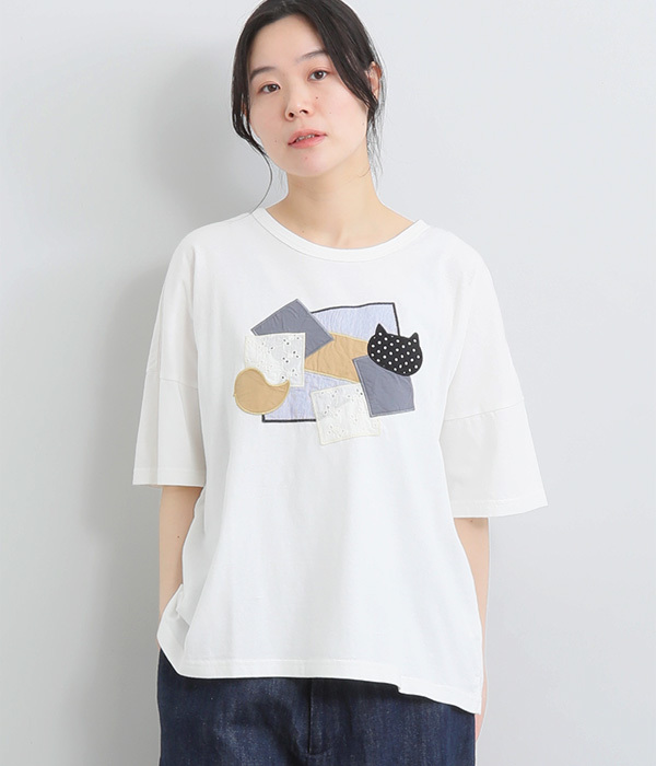 コットンリネン天竺異素材パッチワークＴシャツ(A・ホワイト)