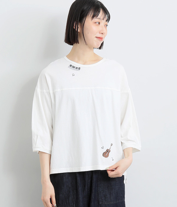 コットンリネン天竺夜風と音色刺繍Ｔシャツ(A・ホワイト)