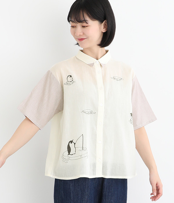 コットンローン氷に浮かぶペンギン刺繍シャツ(A・アイボリー)