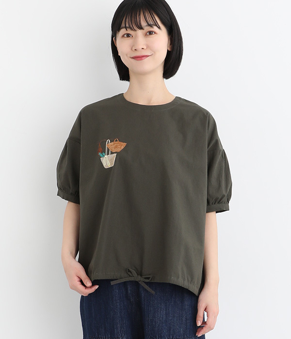 コットンリネン布帛かごバック刺繍ブラウス(B・チャコールグレー)