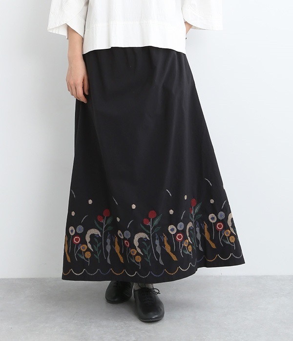 コットンきつね裾刺繍スカート(A・ブラック)