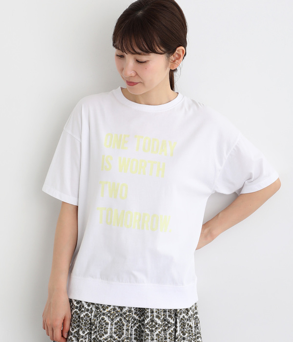 良質天竺5分袖リブロゴプリントＴシャツ　ONETODAY(ホワイト)