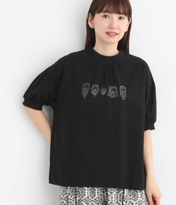 シャリシャリオックスリブクルー刺繍Ｔシャツ(ブラック)