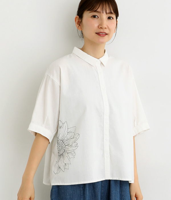 シャリシャリオックス刺繍半袖シャツ(ホワイト)
