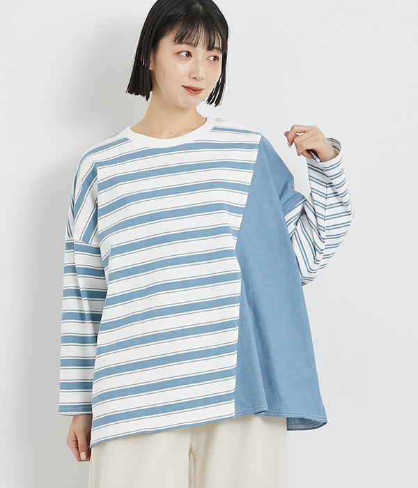 OE天竺デニムドッキングワイドＴシャツ(A・ブルーボーダー)