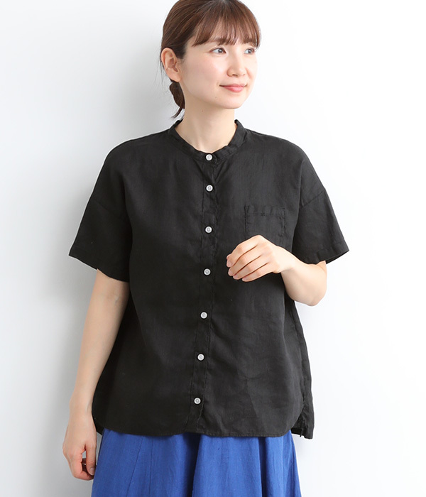 フレンチリネン　日本製品染　スタンドカラーシャツ(E・ブラック)