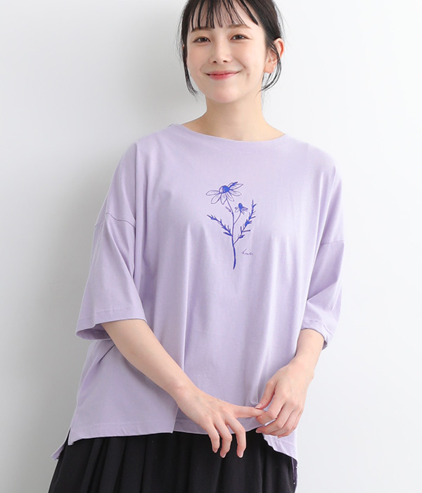 コットン天竺　プリントTシャツ　flower(B・ラベンダー)