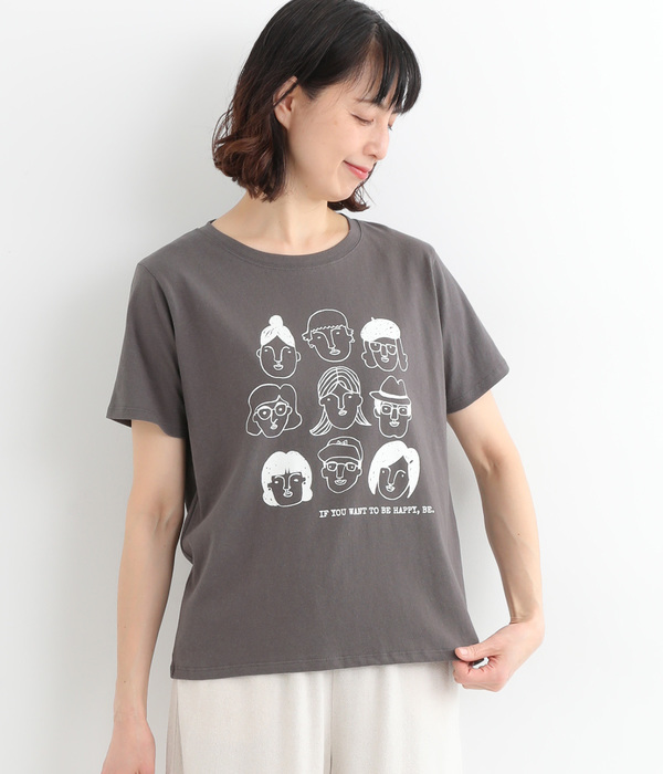コットン天竺顔イラストプリントTEE(C・チャコール)
