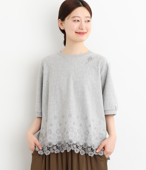ミニ裏毛サークルスカラップケミカルレースTシャツ(B・杢グレー)