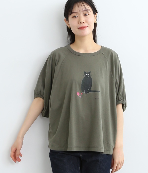 SUPER HAKKA×椎木彩子｢猫と､花｣プリントドルマンTシャツ(B・カーキ)