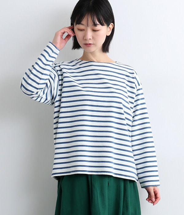 コットンインディゴロングTシャツ(B・ホワイト×ブルー)