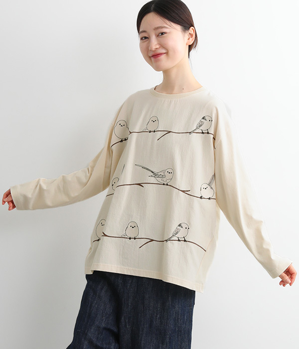 シマエナガ刺繍布帛ロンTee(A・ナチュラル)