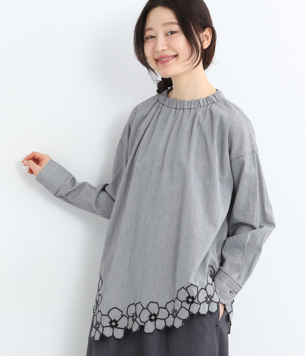 アシメ裾刺繍ゴムギャザーネックシャツ(B・ギンガム)