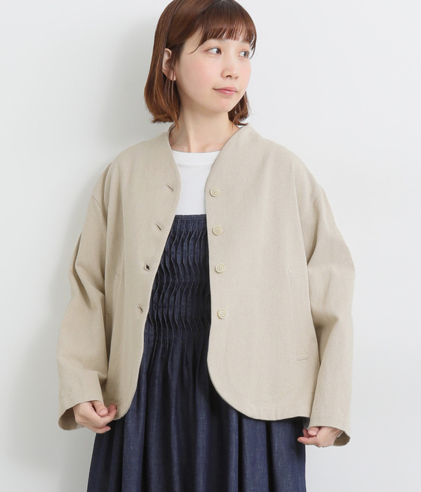 コットンリネンエルボーロゴ刺繍ノーカラージャケット(A・キナリ)