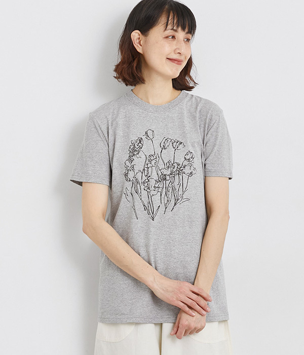 コットン天竺 プリントTシャツ　FLOWER(B・杢グレー×ブラック)
