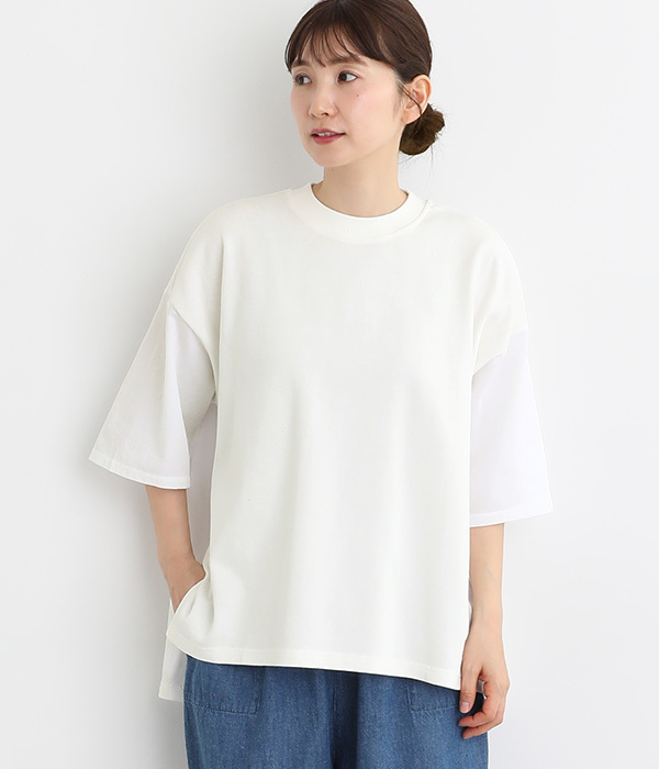 OEコットン天竺 異素材切替モックネックTシャツ(A・ホワイト)