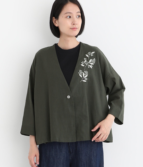 コットンリネン 配色刺繍入りショート丈ジャケット(B・チャコール)
