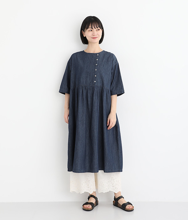 5ozインディゴデニム アシンメトリー開きワンピース(ネイビー)