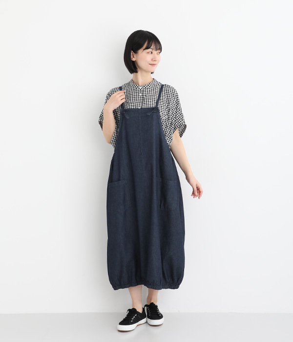 布帛デニム裾バルーンワンピースエプロン(A・デニムインディゴネイビー)