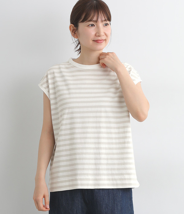 リサイクルコットンボーダー天竺ワイドフレンチスリーブTシャツ(A・オフホワイト×グレー)
