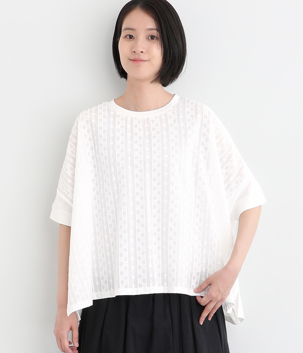 カットソー×布帛刺繍ワイドプルオーバー(A・オフホワイト)