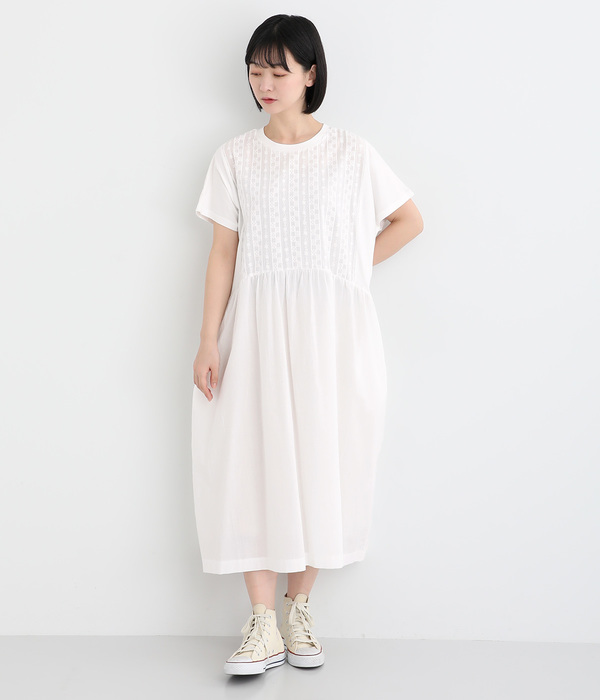カットソー×布帛刺繍×コットンローン切替ギャザーワンピース(A・オフホワイト)
