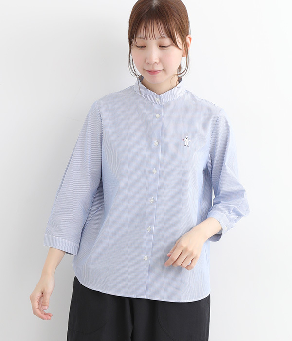 コットンレーヨンポイント刺繍7分袖スタンドカラーレギュラーシャツ(B・ストライプ)