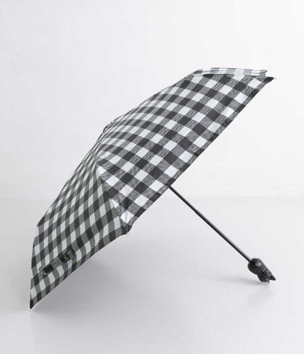 木彫り動物の晴雨兼用折りたたみ傘(E・ネコ×チェックブラック)