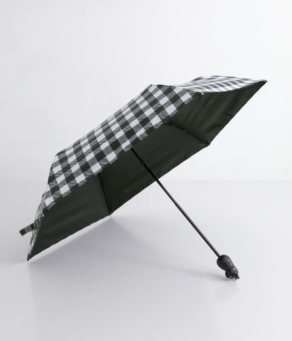 木彫り動物の晴雨兼用折りたたみ傘(E・ネコ×チェックブラック)