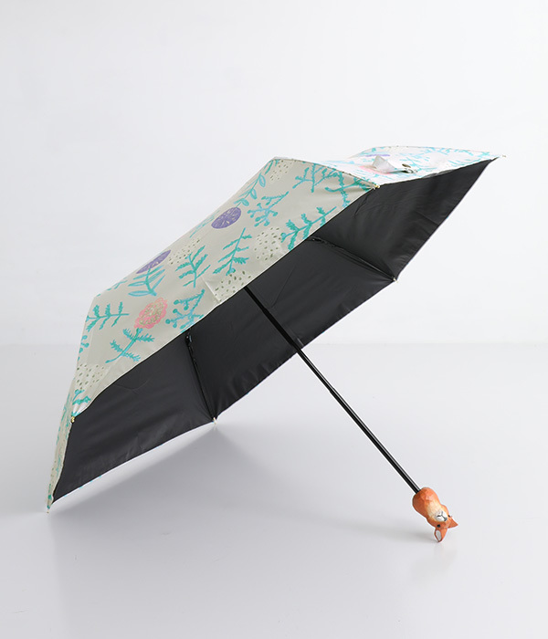 木彫り動物の晴雨兼用折りたたみ傘(I・ウサギ×フラワーライトグレー)