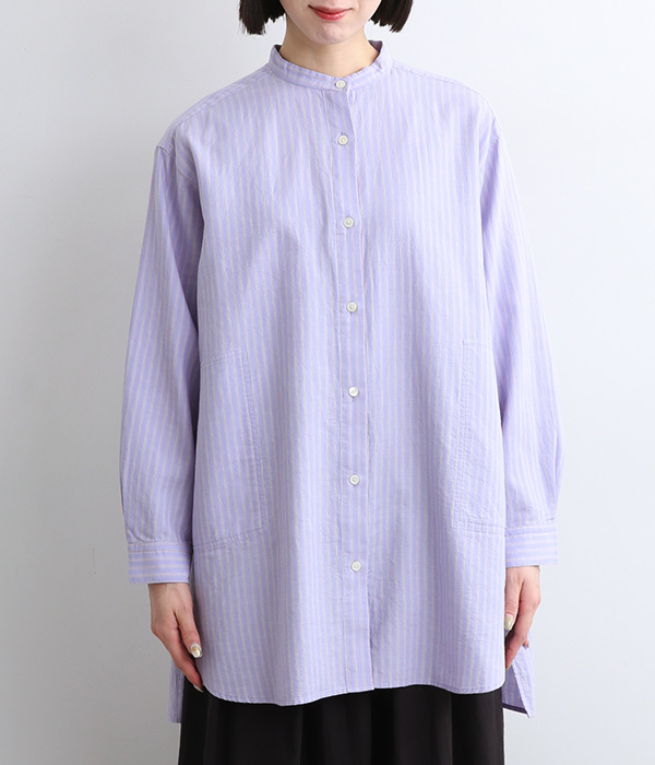 コットンシルクガーゼロングシャツ(A・ブルー系ストライプ)