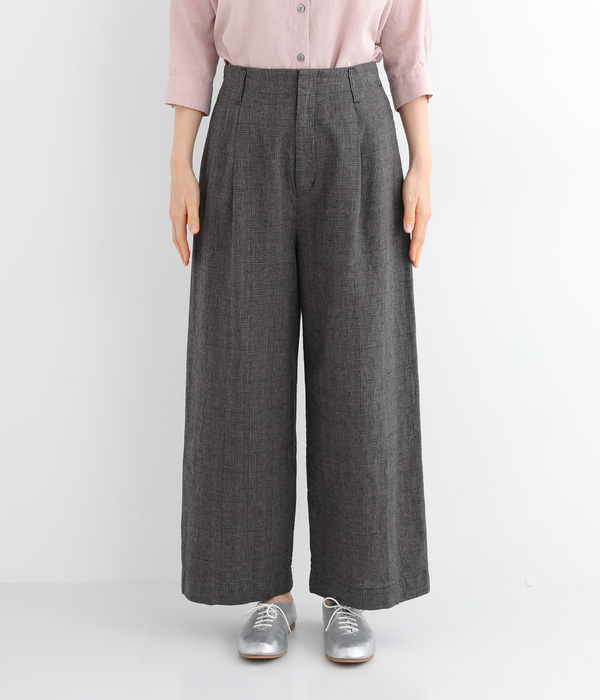 製品洗いコットンリネン　ワンタックパンツ(E・グレンチェック)