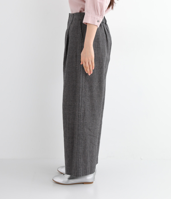 製品洗いコットンリネン　ワンタックパンツ(E・グレンチェック)