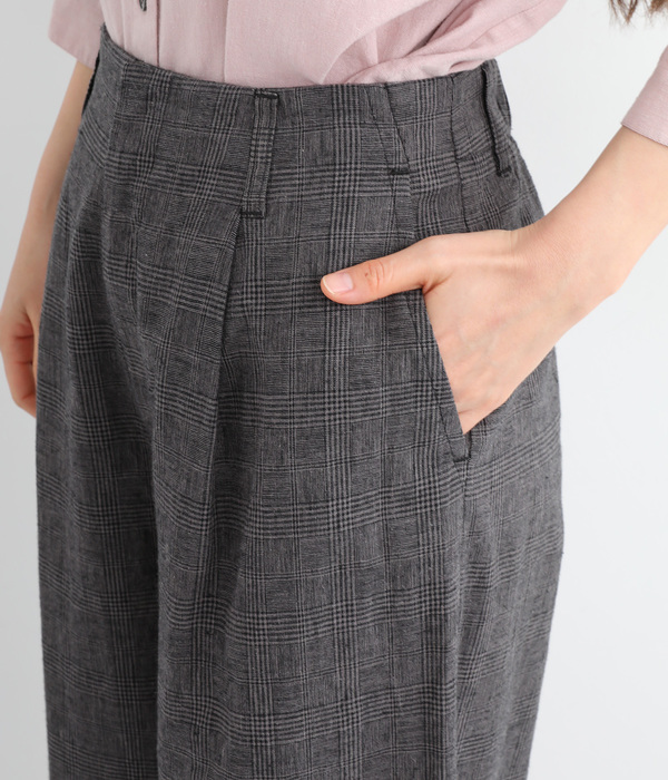 製品洗いコットンリネン　ワンタックパンツ(E・グレンチェック)